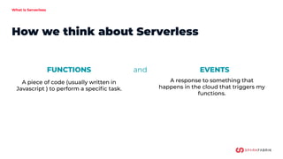 What is Serverless
How we think about Serverless
FUNCTIONS EVENTS
A piece of code (usually written in
Javascript ) to perform a speciﬁc task.
A response to something that
happens in the cloud that triggers my
functions.
and
 
