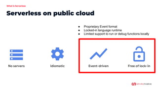 What is Serverless
Serverless on public cloud
● Proprietary Event format
● Locked-in language runtime
● Limited support to run or debug functions locally
 