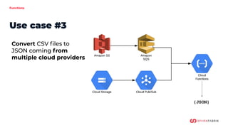 Functions
Use case #3
Convert CSV ﬁles to
JSON coming from
multiple cloud providers
{JSON}
 