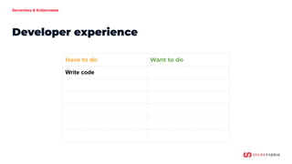 Serverless & Kubernetes
Developer experience
Have to do Want to do
Write code
 