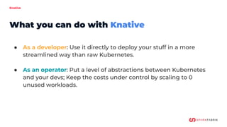 Knative
● As a developer: Use it directly to deploy your stuff in a more
streamlined way than raw Kubernetes.
● As an operator: Put a level of abstractions between Kubernetes
and your devs; Keep the costs under control by scaling to 0
unused workloads.
What you can do with Knative
 