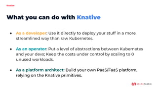 Knative
● As a developer: Use it directly to deploy your stuff in a more
streamlined way than raw Kubernetes.
● As an operator: Put a level of abstractions between Kubernetes
and your devs; Keep the costs under control by scaling to 0
unused workloads.
● As a platform architect: Build your own PaaS/FaaS platform,
relying on the Knative primitives.
What you can do with Knative
 