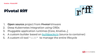 Knative - Pivotal Riff
Pivotal Riff
1. Open source project from Pivotal Vmware
2. Deep Kubernetes integration using CRDs
3. Pluggable application runtimes [Core, Knative...]
4. A custom builder based on buildpacks.io (source to container)
5. A custom cli tool “riff” to manage the entire lifecycle
 