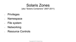Solaris Zones
• Privileges
• Namespace
• File system
• Networking
• Resource Controls
(aka “Solaris Containers” 2007-2011)
Copyright 2015 Oracle Corp.
 