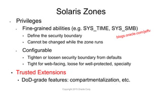 Solaris Zones
• Privileges
• Fine-grained abilities (e.g. SYS_TIME, SYS_SMB)
• Define the security boundary
• Cannot be changed while the zone runs
• Configurable
• Tighten or loosen security boundary from defaults
• Tight for web-facing, loose for well-protected, specialty
• Trusted Extensions
• DoD-grade features: compartmentalization, etc.
Copyright 2015 Oracle Corp.
 