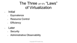 The Three (4? 5?) “Laws”
of Virtualization
• Initial
• Equivalence
• Resource Control
• Efficiency
• Later
• Security
• Administrative Observability
Copyright 2015 Oracle Corp.
 