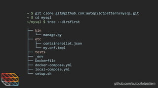 github.com/autopilotpattern
~	$	git	clone	git@github.com:autopilotpattern/mysql.git	
~	$	cd	mysql	
~/mysql	$	tree	--dirsfi...