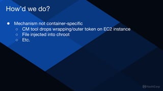 How’d we do?
● Mechanism not container-specific
○ CM tool drops wrapping/outer token on EC2 instance
○ File injected into ...
