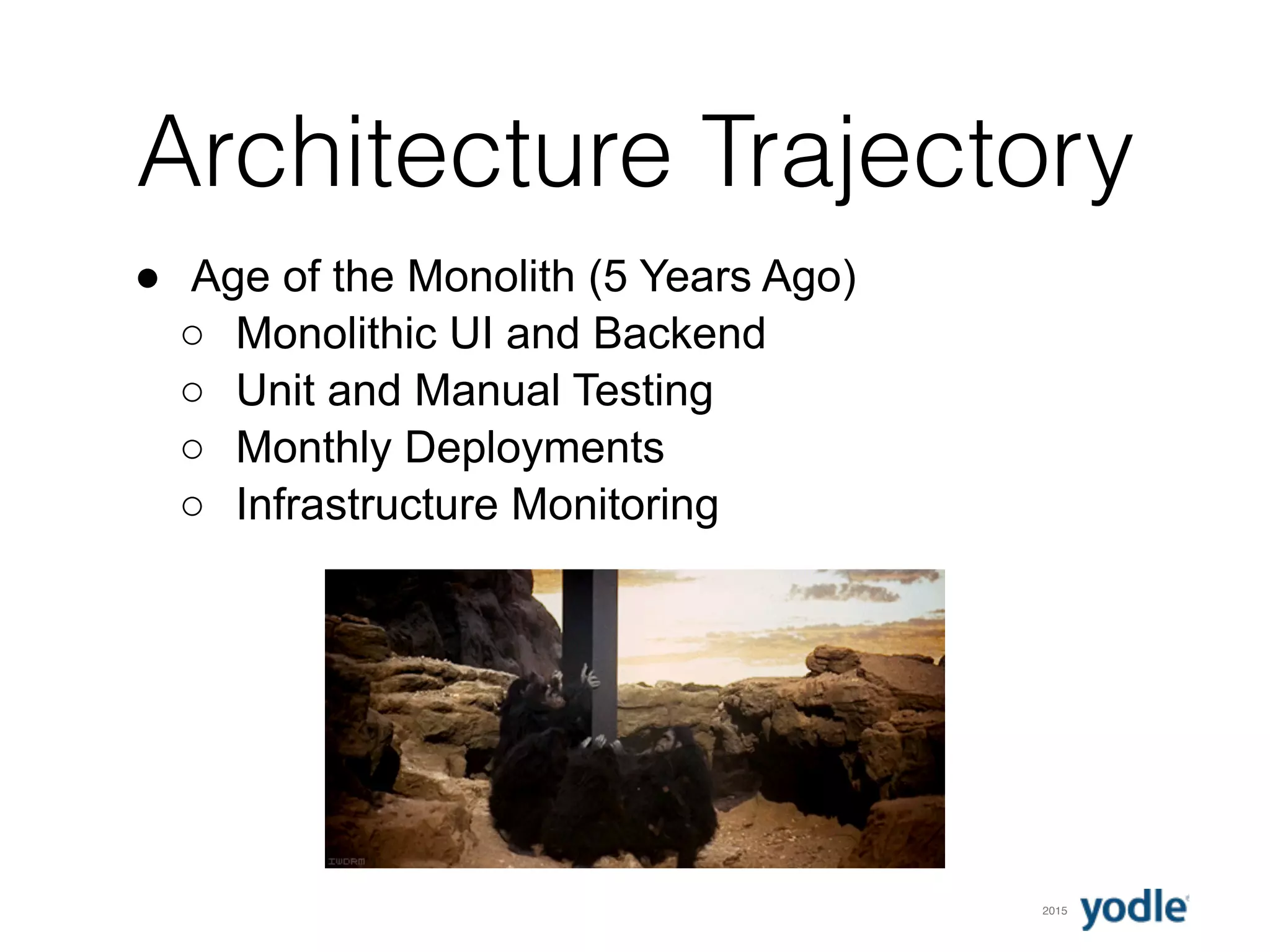 2015
Architecture Trajectory
● Age of the Monolith (5 Years Ago)
○ Monolithic UI and Backend
○ Unit and Manual Testing
○ Monthly Deployments
○ Infrastructure Monitoring
 