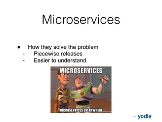 2015
Microservices
● How they solve the problem
- Piecewise releases
- Easier to understand
 