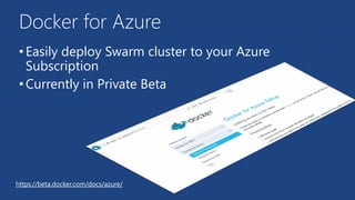 Docker for Azure
•Easily deploy Swarm cluster to your Azure
Subscription
•Currently in Private Beta
https://beta.docker.co...