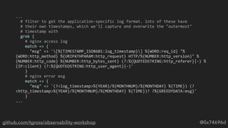 @0x74696dgithub.com/tgross/observability-workshop
...	
		#	filter	to	get	the	application-specific	log	format.	lots	of	thes...