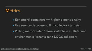@0x74696dgithub.com/tgross/observability-workshop
Metrics
‣ Ephemeral containers == higher dimensionality
‣ Use service di...