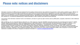 Please note: notices and disclaimers
Information concerning non-IBM products was obtained from the suppliers of those products, their published announcements or other publicly available sources. IBM has not
tested those products in connection with this publication and cannot confirm the accuracy of performance, compatibility or any other claims related to non-IBM products.
Questions on the capabilities of non-IBM products should be addressed to the suppliers of those products. IBM does not warrant the quality of any third-party products, or the
ability of any such third-party products to interoperate with IBM’s products. IBM EXPRESSLY DISCLAIMS ALL WARRANTIES, EXPRESSED OR IMPLIED, INCLUDING BUT
NOT LIMITED TO, THE IMPLIED WARRANTIES OF MERCHANTABILITY AND FITNESS FOR A PARTICULAR PURPOSE.
The provision of the information contained h erein is not intended to, and does not, grant any right or license under any IBM patents, copyrights, trademarks or other intellectual
property right.
IBM, the IBM logo, ibm.com, Aspera®, Bluemix, Blueworks Live, CICS, Clearcase, Cognos®, DOORS®, Emptoris®, Enterprise Document Management System™, FASP®,
FileNet®, Global Business Services ®, Global Technology Services ®, IBM ExperienceOne™, IBM SmartCloud®, IBM Social Business®, Information on Demand, ILOG,
Maximo®, MQIntegrator®, MQSeries®, Netcool®, OMEGAMON, OpenPower, PureAnalytics™, PureApplication®, pureCluster™, PureCoverage®, PureData®,
PureExperience®, PureFlex®, pureQuery®, pureScale®, PureSystems®, QRadar®, Rational®, Rhapsody®, Smarter Commerce®, SoDA, SPSS, Sterling Commerce®,
StoredIQ, Tealeaf®, Tivoli®, Trusteer®, Unica®, urban{code}®, Watson, WebSphere®, Worklight®, X-Force® and System z® Z/OS, are trademarks of International Business
Machines Corporation, registered in many jurisdictions worldwide. Other product and service names might be trademarks of IBM or other companies. A current list of IBM
trademarks is available on the Web at "Copyright and trademark information" at: www.ibm.com/legal/copytrade.shtml.
42
 