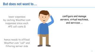 lower expenses 
by caching Weather.com 
responses since each  
API call costs $
hence needs to offload 
Weather.com “call” and 
filtering server side
But does not want to…
configure and manage
servers, virtual machines,
and services ….
8
 