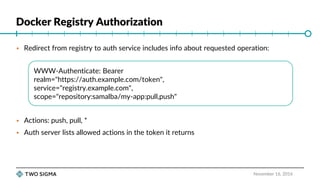 Docker Registry Authorization
November 16, 2016
 Redirect from registry to auth service includes info about requested operation:
 Actions: push, pull, *
 Auth server lists allowed actions in the token it returns
WWW-Authenticate: Bearer
realm="https://auth.example.com/token",
service="registry.example.com",
scope="repository:samalba/my-app:pull,push"
 