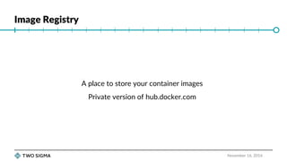 Image Registry
November 16, 2016
A place to store your container images
Private version of hub.docker.com
 