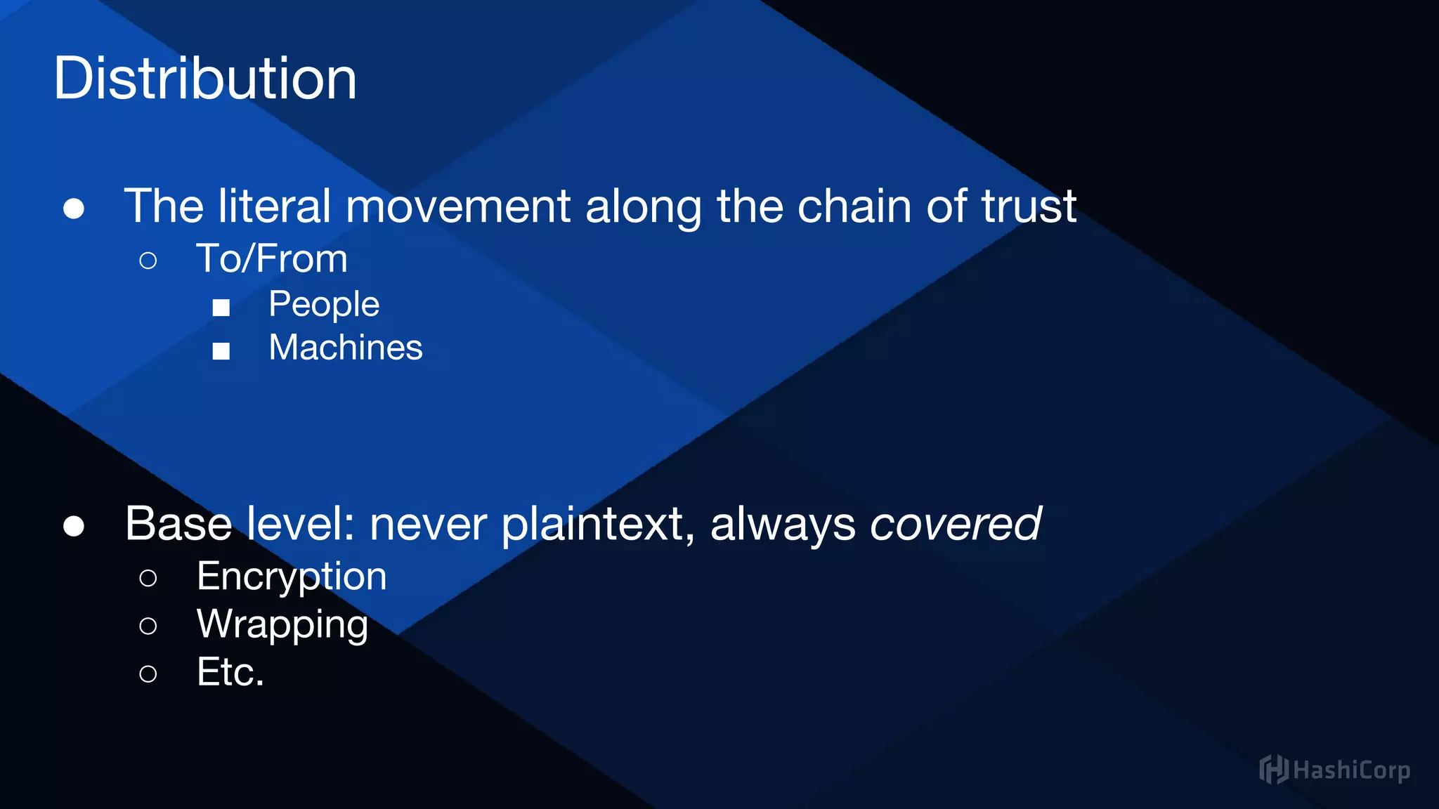 Distribution
● The literal movement along the chain of trust
○ To/From
■ People
■ Machines
● Base level: never plaintext, always covered
○ Encryption
○ Wrapping
○ Etc.
 