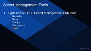 ● Explosion of FOSS Secret Management (SM) tools
○ KeyWhiz
○ Knox
○ Conjur
○ Many more
○ Vault!
Secret Management Tools
 