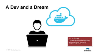 © 2016 Rancher Labs, Inc.
A Dev and a Dream
11:10 Today
Docker For the Developer
Borja Burgos, Docker
 