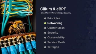 ⬢ Principles
⬢ Networking
⬢ Cluster Mesh
⬢ Security
⬢ Observability
⬢ Service Mesh
⬢ Tetragon
Cilium & eBPF
Cloud Native Networking & Security
 