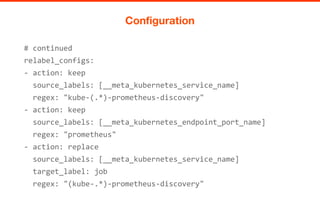 # continued
relabel_configs:
- action: keep
source_labels: [__meta_kubernetes_service_name]
regex: "kube-(.*)-prometheus-discovery"
- action: keep
source_labels: [__meta_kubernetes_endpoint_port_name]
regex: "prometheus"
- action: replace
source_labels: [__meta_kubernetes_service_name]
target_label: job
regex: "(kube-.*)-prometheus-discovery"
Configuration
 
