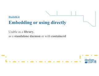 BuildKit
Embedding or using directly
Usable as a library,
as a standalone daemon or with containerd
 