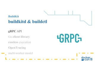 BuildKit
buildkitd & buildctl
gRPC API
Go client library
rootless execution
OpenTracing
multi-worker model
 