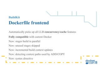 BuildKit
Dockerfile frontend
Automatically picks up all LLB concurrency/cache features
Fully compatible with current Docker
New: stages build in parallel
New: unused stages skipped
New: incremental build context updates
New: detecting context paths used by ADD/COPY
New: syntax directive
 