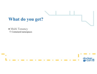 ● Multi Tenancy
○ Containerd namespaces
What do you get?
 