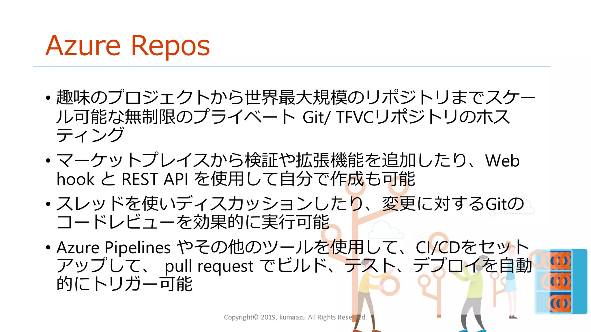 11
Azure Repos
• 趣味のプロジェクトから世界最大規模のリポジトリまでスケー
ル可能な無制限のプライベート Git/ TFVCリポジトリのホス
ティング
• マーケットプレイスから検証や拡張機能を追加したり、Web
hook と REST API を使用して自分で作成も可能
• スレッドを使いディスカッションしたり、変更に対するGitの
コードレビューを効果的に実行可能
• Azure Pipelines やその他のツールを使用して、CI/CDをセット
アップして、 pull request でビルド、テスト、デプロイを自動
的にトリガー可能
Copyright© 2019, kumaazu All Rights Reserved.
 