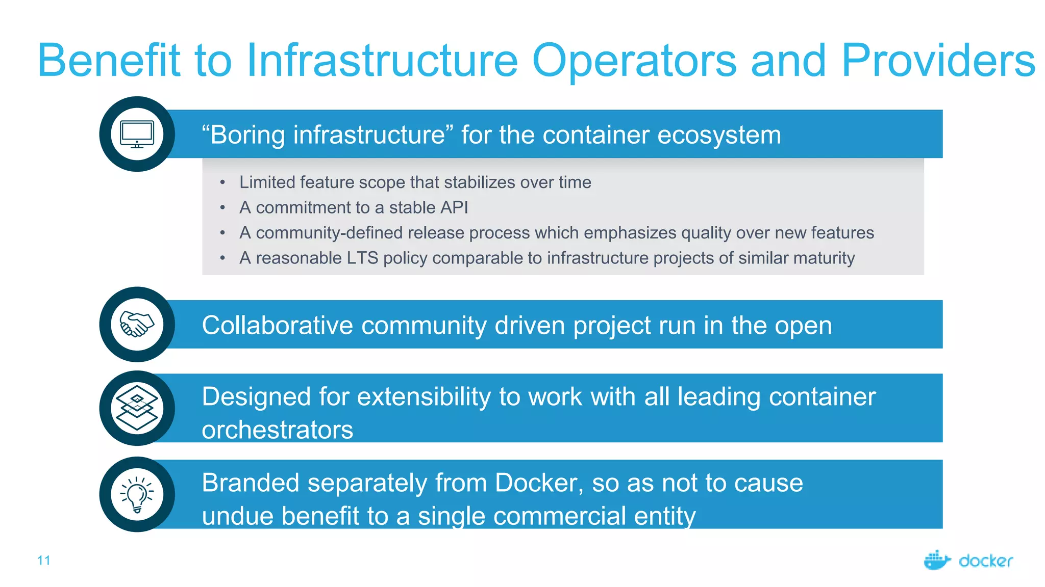 Benefit to Infrastructure Operators and Providers
11
“Boring infrastructure” for the container ecosystem
• Limited feature scope that stabilizes over time
• A commitment to a stable API
• A community-defined release process which emphasizes quality over new features
• A reasonable LTS policy comparable to infrastructure projects of similar maturity
Collaborative community driven project run in the open
Designed for extensibility to work with all leading container
orchestrators
Branded separately from Docker, so as not to cause
undue benefit to a single commercial entity
 