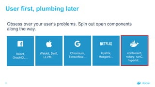 9
User first, plumbing later
Obsess over your user’s problems. Spin out open components
along the way.
React,
GraphQL…
Webkit, Swift,
LLVM…
Chromium,
Tensorflow…
Hystrix,
Hasgard…
containerd,
notary, runC,
hyperkit…
 