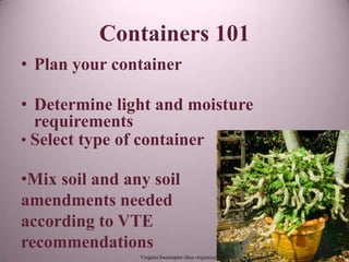 Containers 101
• Plan your container

• Determine light and moisture
  requirements
• Select type of container

•Mix soil and any soil
amendments needed
according to VTE
recommendations
                Virginia Sweetspire (Itea virginica)
 