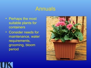 Annuals
• Perhaps the most
  suitable plants for
  containers
• Consider needs for
  maintenance, water
  requirements,
  grooming, bloom
  period
 