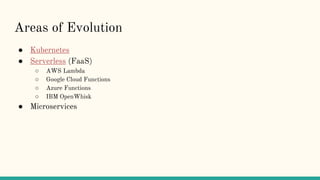 Areas of Evolution
● Kubernetes
● Serverless (FaaS)
○ AWS Lambda
○ Google Cloud Functions
○ Azure Functions
○ IBM OpenWhisk
● Microservices
 