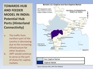 TOWARDS HUB
AND FEEDER
MODEL IN INDIA:
Potential Hub
Ports (Hinterland
Connectivity)

a.   The traffic from
     northern part of the
     country is decreasing
     due to the increasing
     infrastructure for
     other locations.
b.   JNPT would continue
     to serve as the port
     of choice for captive
     markets.
                             Source: Business Plan, JNPT Port Website
 