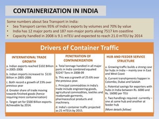 CONTAINERIZATION IN INDIA
Some numbers about Sea Transport in India:
• Sea Transport carries 95% of India’s exports by volumes and 70% by value
• India has 12 major ports and 187 non-major ports along 7517 km coastline
• Capacity handled in 2008 is 9.1 mTEU and expected to reach 21.0 mTEU by 2014


                            Drivers of Container Traffic
    INTERNATIONAL TRADE                          PENETRATION OF                     HUB AND FEEDER SERVICE
          GROWTH                                CONTAINERIZATION                         STRUCTURE
a. Indian exports reached $102 Billion a. Total tonnage handled in all major       a. Growing traffic builds a strong case
in 2005
   2005-2006                           ports in India combined equaled             for hubs in India – mainly one in East
b. Indian imports increased to $133 92247 Tons in 2008 2008-09                     and West Coast
Billion in 2005
           2005-2006                      b. This was a growth of 25.6% over       b. Current transhipments happen in
c. Both record a growth of 23% over       the previous year.                       Colombo, Dubai and Salalah
previous year                             c. Principal commodities in India’s      c. Potential savings for exporters with
d. Greater share of trade moving          trade include engineering goods,         hubs in India between Rs. 6000 and
towards finished goods (hence             agricultural commodities, textiles and   Rs. 16000 per TEU
requiring more containerization)          readymade garments,
                                          pharmaceutical products and              c. Two handlings required currently –
e. Target set for $500 Billion exports.   machinery.                               one at same hub and another at
Achievable by 2014.                                                                feeder hub
                                          d. India’s container traffic projected
                                          as 21 mTEUs by 2015.                     (More details follow)
 