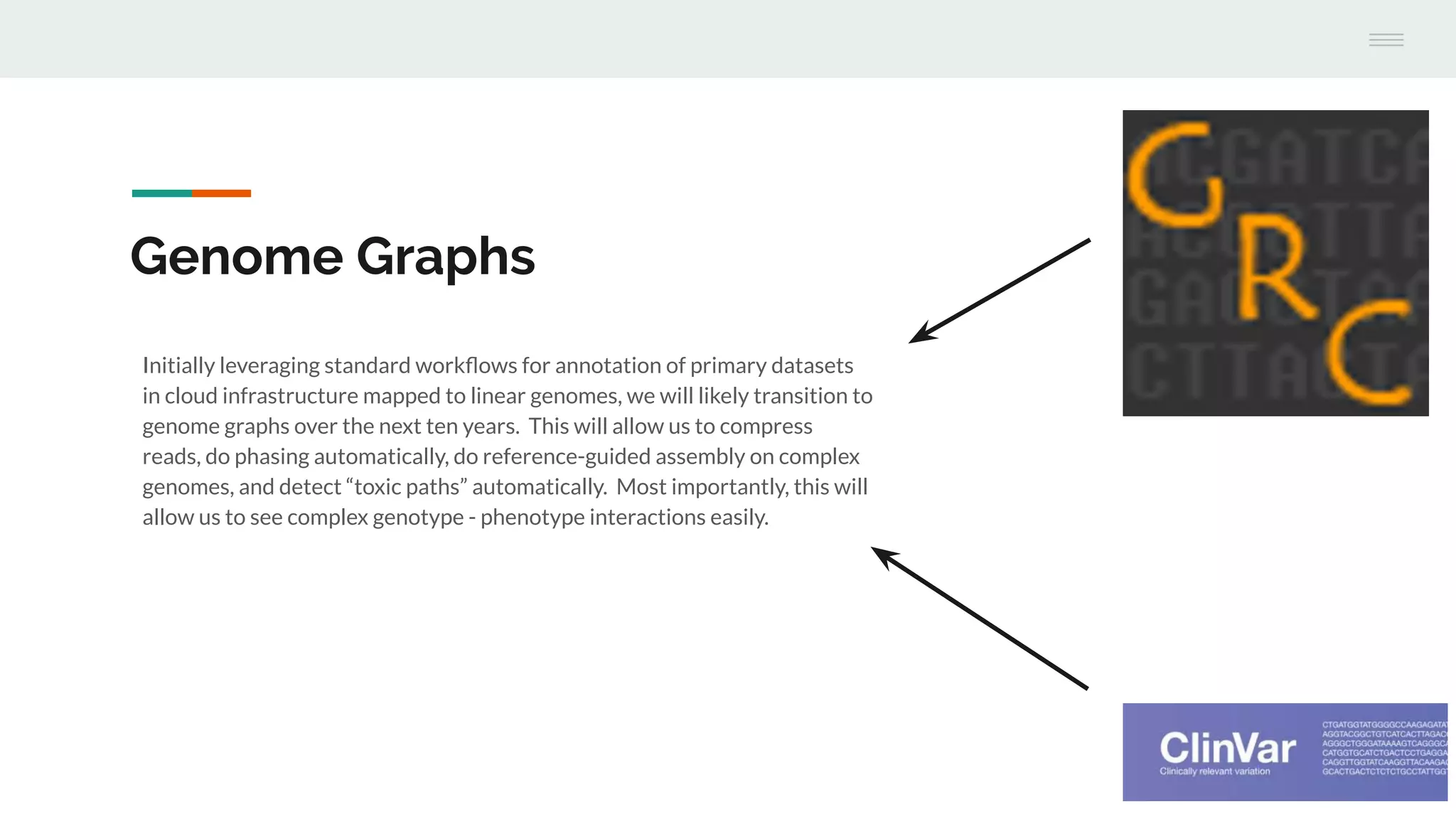Genome Graphs
Initially leveraging standard workﬂows for annotation of primary datasets
in cloud infrastructure mapped to linear genomes, we will likely transition to
genome graphs over the next ten years. This will allow us to compress
reads, do phasing automatically, do reference-guided assembly on complex
genomes, and detect “toxic paths” automatically. Most importantly, this will
allow us to see complex genotype - phenotype interactions easily.
 