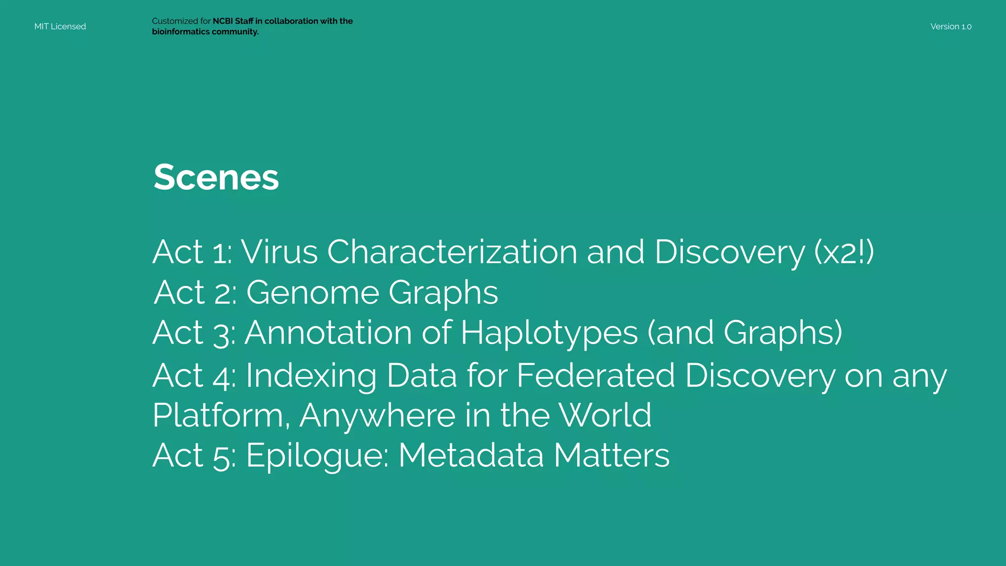MIT Licensed
Customized for NCBI Staﬀ in collaboration with the
bioinformatics community.
Version 1.0
Scenes
Act 1: Virus Characterization and Discovery (x2!)
Act 2: Genome Graphs
Act 3: Annotation of Haplotypes (and Graphs)
Act 4: Indexing Data for Federated Discovery on any
Platform, Anywhere in the World
Act 5: Epilogue: Metadata Matters
 