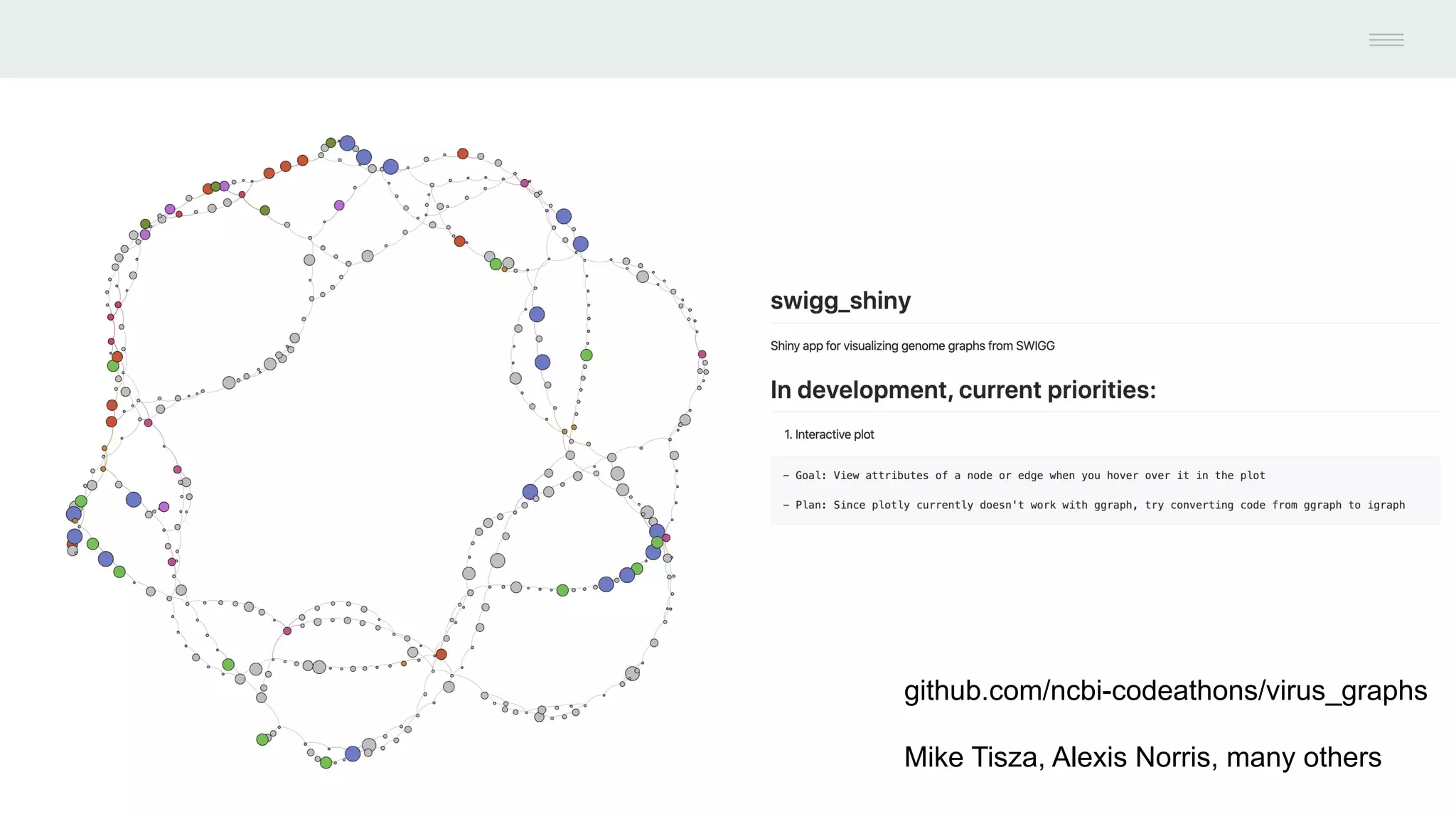 github.com/ncbi-codeathons/virus_graphs
Mike Tisza, Alexis Norris, many others
 