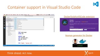 Container support in Visual Studio Code
Yeoman generator for Docker
DockerToolsForVSCode extension
 
