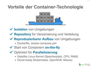 Vorteile der Container­Technologie
Isolation von Umgebungen
Repository für Versionierung und Verteilung
Reproduzierbarer Aufbau von Umgebungen
Dockerfile, docker­compose.yml
Start von Containern on­the­fly
Optimiert für Parallelisierung
Geteilter Linux Kernel (Speicherplatz, CPU, RAM)
Cloud­ready (Kubernetes, OpenShift, Mesos)
 