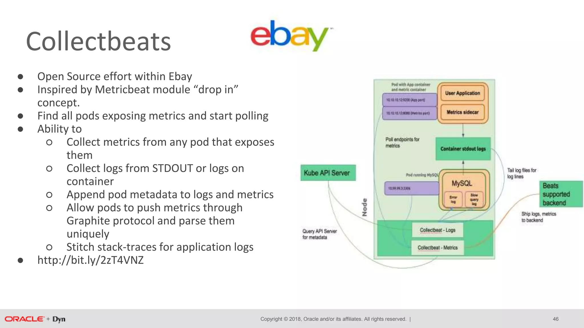 Copyright © 2018, Oracle and/or its affiliates. All rights reserved. |
Collectbeats
● Open Source effort within Ebay
● Inspired by Metricbeat module “drop in”
concept.
● Find all pods exposing metrics and start polling
● Ability to
○ Collect metrics from any pod that exposes
them
○ Collect logs from STDOUT or logs on
container
○ Append pod metadata to logs and metrics
○ Allow pods to push metrics through
Graphite protocol and parse them
uniquely
○ Stitch stack-traces for application logs
● http://bit.ly/2zT4VNZ
46
 