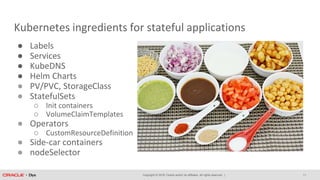 Copyright © 2018, Oracle and/or its affiliates. All rights reserved. |
Kubernetes ingredients for stateful applications
11
● Labels
● Services
● KubeDNS
● Helm Charts
● PV/PVC, StorageClass
● StatefulSets
○ Init containers
○ VolumeClaimTemplates
● Operators
○ CustomResourceDefinition
● Side-car containers
● nodeSelector
 