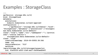 Copyright © 2018, Oracle and/or its affiliates. All rights reserved. |
Examples : StorageClass
---
apiVersion: storage.k8s.io/v1
kind: StorageClass
metadata:
annotations:
kubectl.kubernetes.io/last-applied-
configuration: |
{"apiVersion":"storage.k8s.io/v1beta1","kind":
"StorageClass","metadata":{"annotations":{"storagecl
ass.beta.kubernetes.io/is-default-
class":"true"},"name":"oci","namespace":""},"provisi
oner":"oracle.com/oci"}
storageclass.beta.kubernetes.io/is-default-
class: "true"
creationTimestamp: 2018-09-03T02:38:04Z
name: oci
resourceVersion: "313"
selfLink:
/apis/storage.k8s.io/v1/storageclasses/oci
uid: 61e52032-af22-11e8-aa27-0a580aed2e0f
25
 