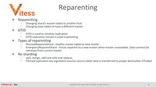 Copyright © 2018, Oracle and/or its affiliates. All rights reserved. |
Reparenting
● Reparenting
○ Changing shard’s master tablet to another host
○ Changing slave tablet to have a different master
● GTID
○ GTID is used to initialize replication
○ GTID replication stream is used in parenting
● Types of reparenting
○ PlannedReparentShard - healthy master tablet to new master
○ EmergencyReparentShard - forces reparent to a new master when master unavailable. Data connect be
retrieved from current master
● Re-sharding
○ split, merge, add new cells and replicas
○ Filtered replication key ingredient ensures source tablet data is transferred to proper destination VTtablet
39
 