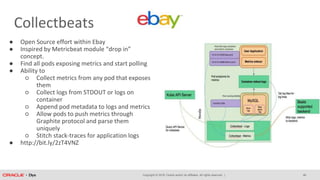 Copyright © 2018, Oracle and/or its affiliates. All rights reserved. |
Collectbeats
● Open Source effort within Ebay
● Inspired by Metricbeat module “drop in”
concept.
● Find all pods exposing metrics and start polling
● Ability to
○ Collect metrics from any pod that exposes
them
○ Collect logs from STDOUT or logs on
container
○ Append pod metadata to logs and metrics
○ Allow pods to push metrics through
Graphite protocol and parse them
uniquely
○ Stitch stack-traces for application logs
● http://bit.ly/2zT4VNZ
46
 