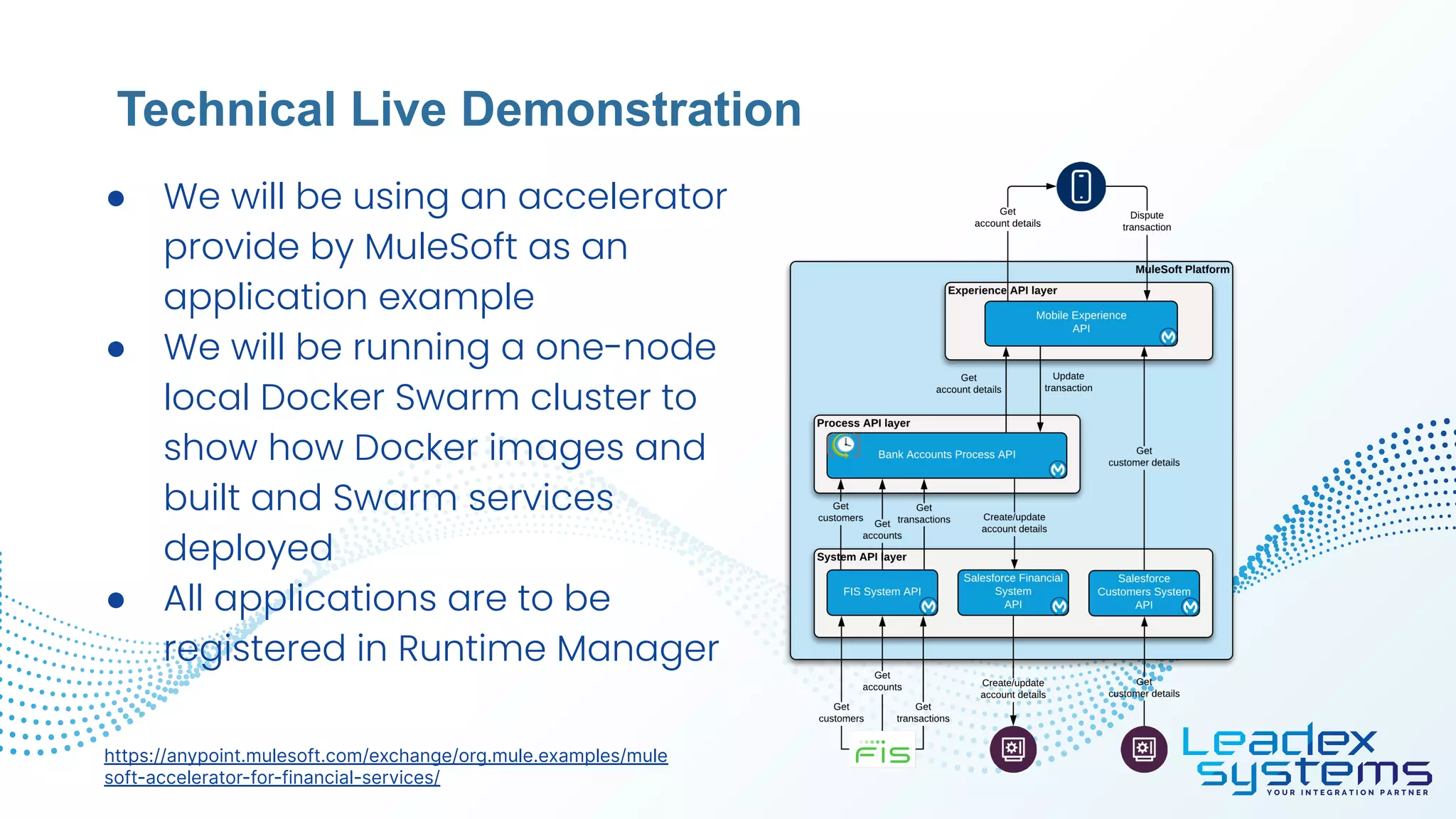 ● We will be using an accelerator
provide by MuleSoft as an
application example
● We will be running a one-node
local Docker Swarm cluster to
show how Docker images and
built and Swarm services
deployed
● All applications are to be
registered in Runtime Manager
Technical Live Demonstration
https://anypoint.mulesoft.com/exchange/org.mule.examples/mule
soft-accelerator-for-financial-services/
 