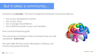 But it takes a community...
Containers are portable. The active management framework must be portable too:
• Run on your development machine.
• Run on your cloud.
• Run on Google Cloud Platform.
• Run a different provider or your own hardware.
And it must be enterprise grade.
The community is working to create a framework that runs well
everywhere: Kubernetes
Microsoft, IBM, Red Hat, Docker, Mesosphere, SaltStack, and
CoreOS, have joined the family.
 